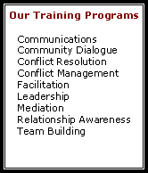Text Box: Our Training ProgramsCommunicationsCommunity DialogueConflict ResolutionConflict ManagementFacilitationLeadership MediationRelationship Awareness Team Building